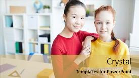  Presentation with naughty girl is standing - Presentation theme enhanced with pretty intercultural girls in casualwear background and a yellow colored foreground