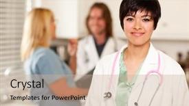  Presentation with latino - Presentation theme with pretty latino doctor smiles background and a soft green colored foreground