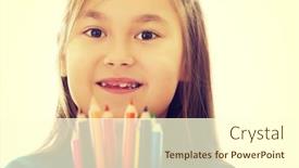  Presentation with crayons - Colorful PPT theme enhanced with pretty little girl holding crayons in hands backdrop and a cream colored foreground