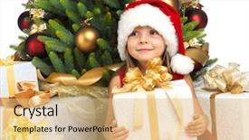  Presentation with girl christmas - Beautiful presentation design featuring pretty little girl smiling with present near the christmas tree backdrop and a yellow colored foreground
