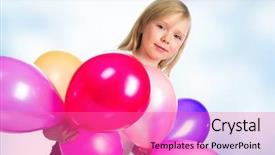  Presentation with blue balloons - Beautiful presentation theme featuring preteen girl shows her finger to the side on the white background backdrop and a lemonade colored foreground