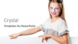  Presentation with white sheet - Beautiful presentation theme featuring pretty little girl with colourful face art holding a sheet for your adverisement or text isolated on white background backdrop and a white colored foreground