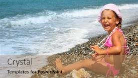  Presentation with seashell - Audience pleasing presentation theme consisting of pretty little girl with seashell and necklace on stone seacoast backdrop and a coral colored foreground