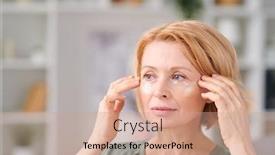  Presentation with home care - Amazing PPT theme having pretty-mature-female-with-short backdrop and a coral colored foreground