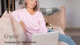  Presentation with home office - PPT theme featuring pretty-mature-woman-smile background and a soft green colored foreground