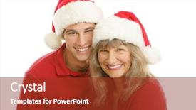  Presentation with mom - Cool new slides with pretty middle aged mom and her handsome late teen son wearing santa hats isolated on white backdrop and a tawny brown colored foreground