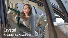  Presentation with luxury car - Colorful presentation theme enhanced with pretty-middle-aged-woman-vacuum backdrop and a dark gray colored foreground