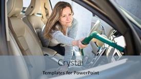  Presentation with luxury car - PPT theme having pretty-middle-aged-woman-vacuum background and a light blue colored foreground