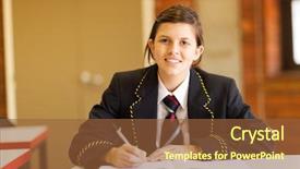  Presentation with middle school - Presentation theme with pretty middle school girl sitting in classroom background and a tawny brown colored foreground