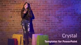  Presentation with cell wall - Slide deck with pretty mixed race young adult woman with shopping bags using her cell phone against a brick wall - plenty of copy space background and a violet colored foreground