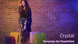  Presentation with cell wall - PPT theme featuring pretty mixed race young adult woman with shopping bags using her cell phone against a brick wall - plenty of copy space background and a violet colored foreground