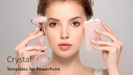  Presentation with beauty cosmetic - Slide deck enhanced with pretty-model-using-cosmetics-stone background and a coral colored foreground