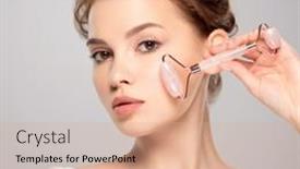  Presentation with beauty cosmetic - Beautiful PPT theme featuring pretty-model-using-cosmetics-stone backdrop and a coral colored foreground