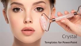  Presentation with beauty cosmetic - PPT theme having pretty-model-using-cosmetics-stone background and a coral colored foreground