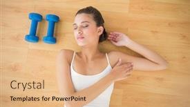  Presentation with bright white - PPT theme having pretty natural brown haired woman in white sportswear sleeping on the floor in bright living room background and a coral colored foreground