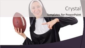  Presentation with nun - PPT theme enhanced with pretty nun with rugby ball isolated on white background and a light gray colored foreground