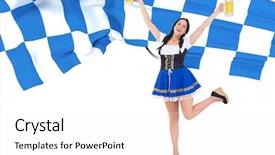  Presentation with oktoberfest - Audience pleasing slide set consisting of pretty oktoberfest girl holding beer tankards against blue and white flag backdrop and a white colored foreground