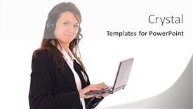  Presentation with notebook - PPT theme having pretty online seller with notebook and headset isolated on white background and a white colored foreground