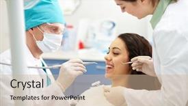  Presentation with patient check up tecnology - Audience pleasing slide deck consisting of mouth opened oral checkup - pretty patient during dental check-up backdrop and a coral colored foreground