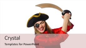  Presentation with pirate - Colorful presentation theme enhanced with pretty pirate girl holding sword isolated on white backdrop and a coral colored foreground