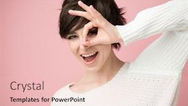  Presentation with faces - PPT layouts with pretty-playful-happy-smiling-brunette background and a lemonade colored foreground