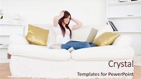  Presentation with gambling - Theme with pretty red-haired female being depressed after gambling with her laptop while sitting on a sofa background and a lemonade colored foreground