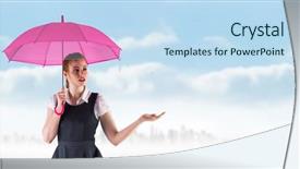  Presentation with horizon - Beautiful theme featuring pretty redhead businesswoman holding umbrella against city on the horizon backdrop and a sky blue colored foreground