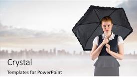  Presentation with horizon - Beautiful slides featuring pretty redhead businesswoman holding umbrella against city on the horizon backdrop and a white colored foreground