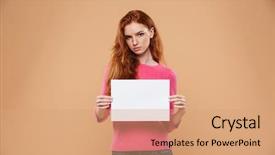  Presentation with blank portrait a4 - Theme having pretty redhead girl showing blank background and a coral colored foreground