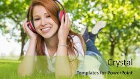  Presentation with listening - PPT theme having pretty redhead listening to music in the park on a sunny day background and a yellow colored foreground
