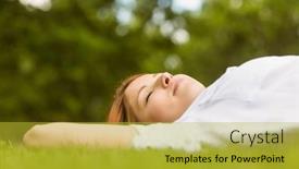  Presentation with closed - Cool new slides with pretty redhead lying with her eyes closed on grass in park backdrop and a yellow colored foreground