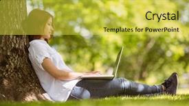  Presentation with park - Slide deck featuring pretty redhead sitting with her laptop in park on a sunny day background and a yellow colored foreground