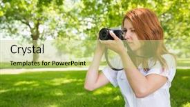  Presentation with park - Audience pleasing PPT theme consisting of pretty redhead taking a photo in the park on a sunny day backdrop and a mint green colored foreground