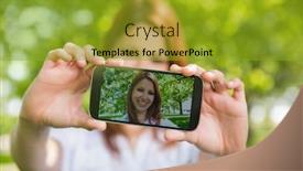  Presentation with selfie - Amazing PPT theme having pretty redhead taking a selfie on her phone in the park on a sunny day backdrop and a gold colored foreground
