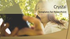  Presentation with phone - Slides having pretty redhead text messaging on her phone in park on a sunny day background and a blonde colored foreground