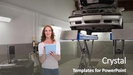  Presentation with height - Presentation theme consisting of pretty redhead using a tablet against smiling mechanicarms crossed next to a car on height background and a dark gray colored foreground