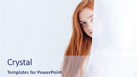  Presentation with curtain - Beautiful PPT theme featuring pretty-redhead-woman-peeking backdrop and a sky blue colored foreground