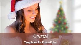  Presentation with christmas girl - Presentation theme with pretty santa girl opening gift against blurry christmas tree in room background and a tawny brown colored foreground