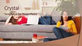  Presentation with computer-room - Cool new PPT theme with pretty schoolgirls looking at camera learning together in living room with books and computer backdrop and a lemonade colored foreground