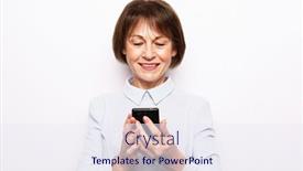  Presentation with smartphone - Amazing PPT theme having pretty-senior-female-in-casual backdrop and a sky blue colored foreground
