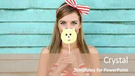  Presentation with smiling little girl - Amazing PPT theme having pretty smile holding hard candy backdrop and a  colored foreground