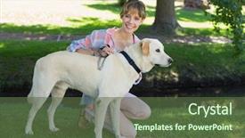  Presentation with kneeling - Audience pleasing presentation theme consisting of pretty smiling blonde kneeling with her labrador in the park on a sunny day backdrop and a tawny brown colored foreground