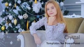  Presentation with christmas girl - Cool new theme with pretty smiling girl sitting in a armchair in a christmas room merry christmas and happy new year backdrop and a light blue colored foreground