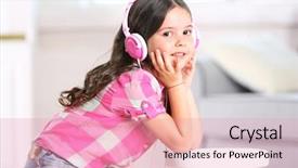  Presentation with light pink - Colorful presentation design enhanced with pretty smiling little girl listening music with pink headphones in light room backdrop and a coral colored foreground