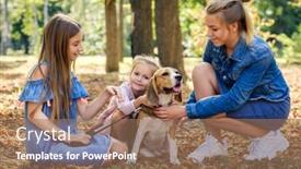  Presentation with beagle dog - Amazing slide deck having pretty smiling little girls sitting with a beagle dog in a sunshine autumn park backdrop and a coral colored foreground