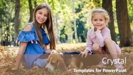  Presentation with beagle dog - Cool new PPT theme with pretty smiling little girls sitting with a beagle dog in a sunshine autumn park backdrop and a coral colored foreground