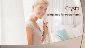  Presentation with curtain co 27 - Audience pleasing presentation theme consisting of pretty smiling woman holding curtain backdrop and a  colored foreground