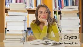  Presentation with piles - Beautiful PPT theme featuring pretty student studying between pile backdrop and a  colored foreground