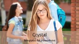  Presentation with outdoors - PPT theme enhanced with pretty student with copybooks outdoors background and a  colored foreground