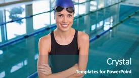  Presentation with swimmer - Beautiful slide set featuring pretty swimmer smiling at camera by the pool at the leisure center backdrop and a ocean colored foreground
